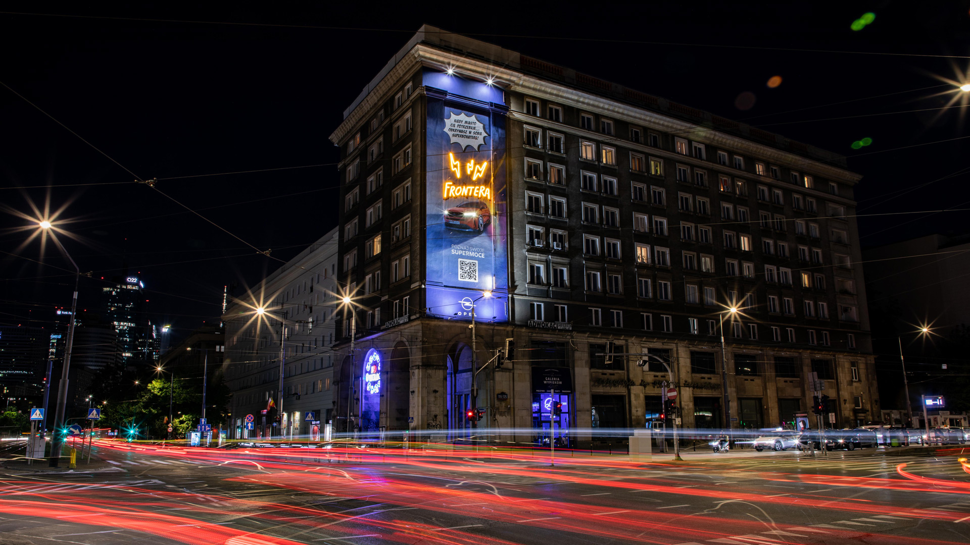 Opel and mural with custom LED installation in central Warsaw